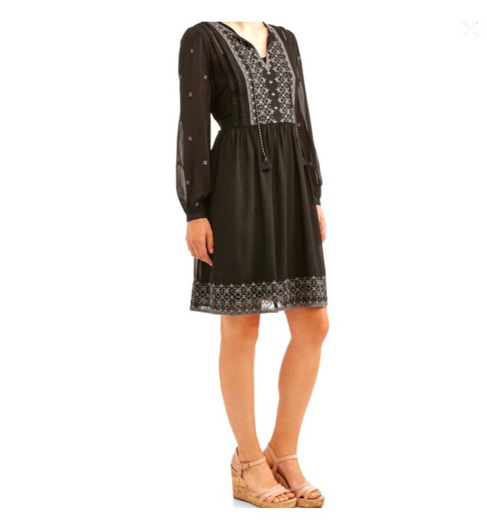 Time and Tru Black Embroidered Long Sleeve Boho Sheer Peasant Dress, 20